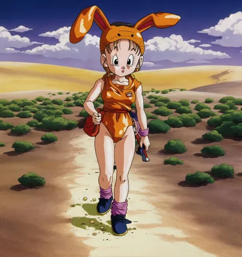 masterpiece, best quality, akiratoriyama art style, a girl wearing a bunny suit walking in a desert crying,
