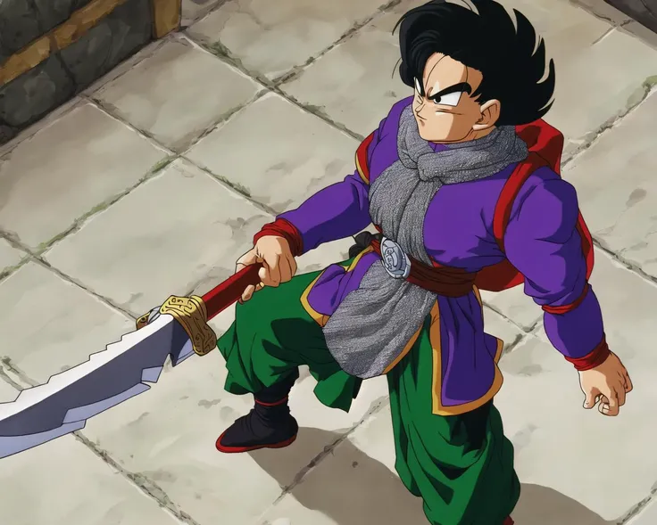akiratoriyama art style, 1guy, a guy flying in the air holding a sword by the handle, chainmail, solo, black hair, make up,