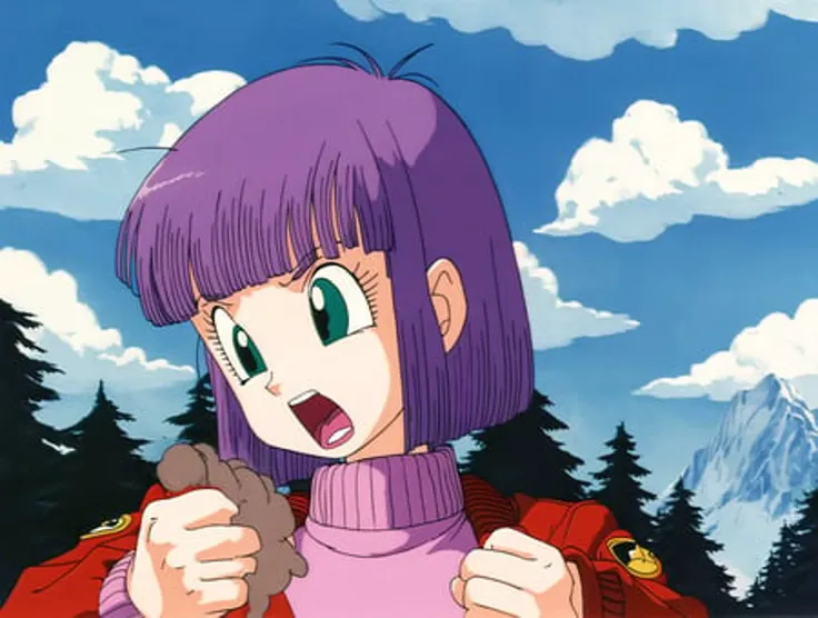akiratoriyama art style, green eyes, open mouth, cloud, 1girl, purple hair, sky, jacket, blunt bangs, clenched hands, snow, bangs, short hair, long sleeves, solo,