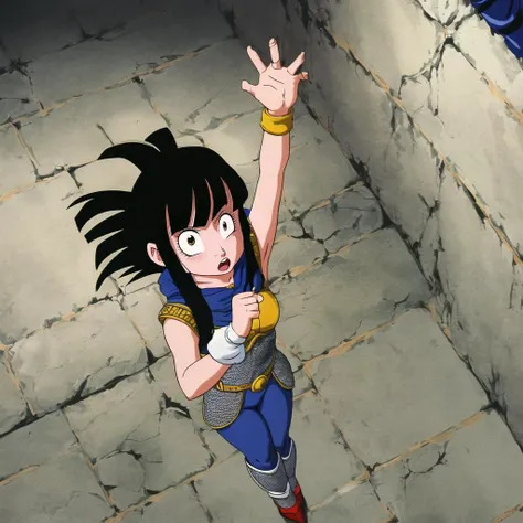 akiratoriyama art style, 1girl, a girl walking in a dungeon, hands up, chainmail, solo, black hair, make up, pupils