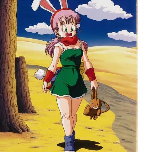 masterpiece, best quality, akiratoriyama art style, a girl wearing a bunny suit walking in a desert crying,