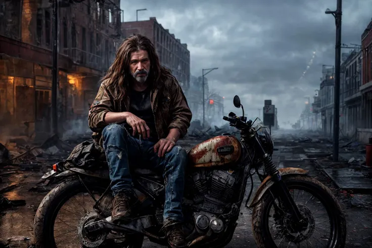 <lora:more_details:1>,8k, realistic, vray, HDR,  6000K,
abandoned city by BlubRuin,  dramatic lighting,bokeh,
1man, solo, long hair, homeless, ripped pants, jacket, sitting, backpack,survivor,(rusty classic motorcycle),
(masterpiece, best quality, realistic photo, detailed),fog,smoke,cluttered,ruins,after war,dirty, <lora:BlubRuin:0.3>, <lora:JW:0.4>