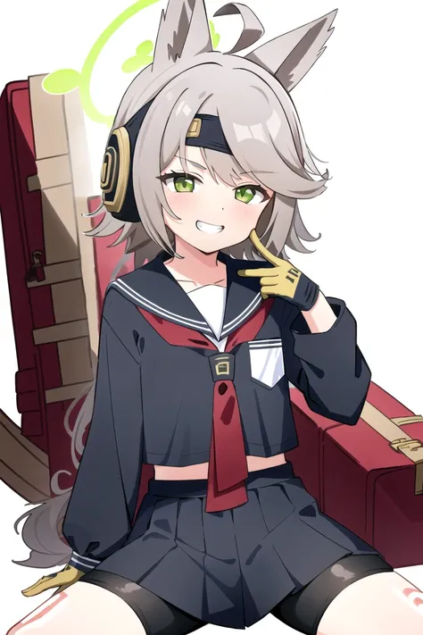 <lora:OtogiV2:0.8>, 1girl, solo, long hair, looking at viewer, smile, gloves, long sleeves, white background, animal ears, school uniform, green eyes, ahoge, grey hair, pleated skirt, sailor collar, headband, halo, bike shorts, sitting, finger on mouth, grin, otogi