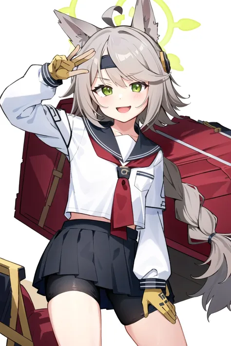 <lora:OtogiV2:0.8>, 1girl, solo, long hair, looking at viewer, smile, gloves, long sleeves, white background, animal ears, school uniform, green eyes, ahoge, grey hair, pleated skirt, sailor collar, headband, halo, bike shorts, waving