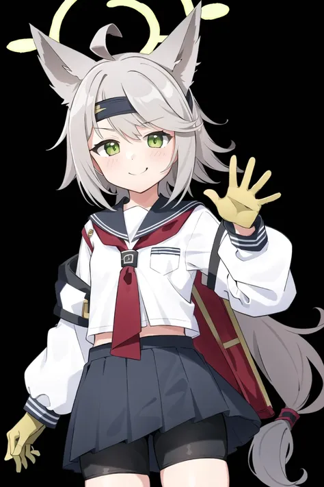 <lora:OtogiV2:0.8>, 1girl, solo, long hair, looking at viewer, smile, gloves, long sleeves, white background, animal ears, school uniform, green eyes, ahoge, grey hair, pleated skirt, sailor collar, headband, halo, bike shorts, waving
