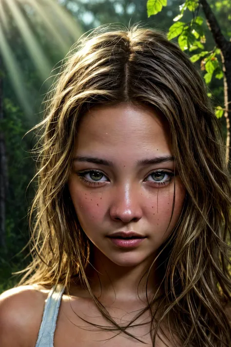 n the spirit of Planet of Apes, a masterpiece, hyper-detailed, a young (20 years old) Nude Woman modeled on Sami Gayle, Nude, with long unkept dirty blonde hair, physically fit body covered in blood, dirt, and mud, perfect face with perfect eyes, running in terror through a lush temperate forest during the Late Evening hour, soaking wet