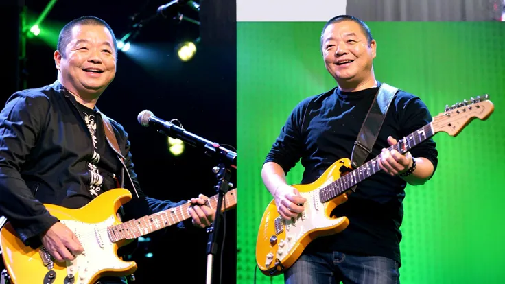 best quality, ultra high res, (photorealistic:1.4), masterpiece, Concert background,1men,trendy expression,jacket,top,pants,(style:1.5),standing,On stage,Play the guitar,sing(looking at viewer),<lora:zangtianshuo:0.8>