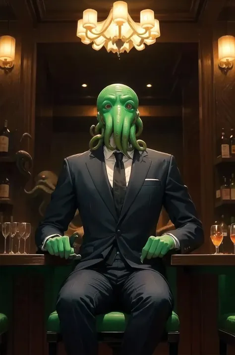 masterpiece, best quality, cthulhu, solo, wearing a tuxedo and sitting a bar in a fancy hotel, green skin, (claws)<lora:cthulhu-beta4-clipskip2-000009:0.95>