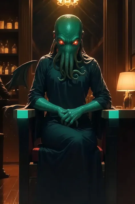 masterpiece, best quality, cthulhu, solo, wearing a black evening gown and sitting a bar in a fancy hotel, green skin, (claws), glowing red eyes<lora:cthulhu-beta4-clipskip2-000009:0.9>