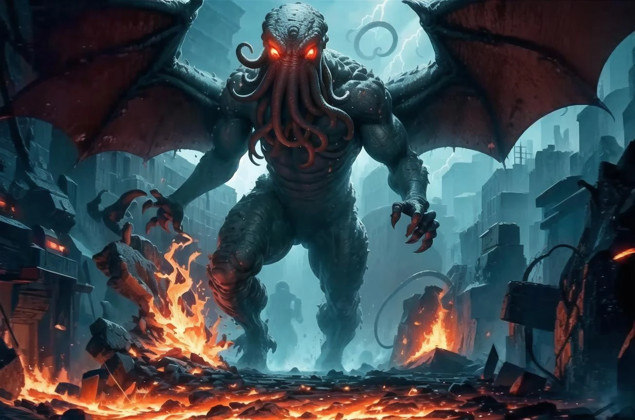 masterpiece, best quality, cthulhu, solo, destroying a city, giant, fire, smoke, haze, lightning, green skin, outstreched wings, full body, claws, glowing red eyes, kaiju <lora:cthulhu-beta4-clipskip2-000009:0.95>