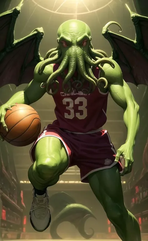 masterpiece, best quality, (cthulhu:1.2) playing basketball in a basketball court, (green skin, claws:1.1), wings, solo, wearing a basketball jersey and basketball shorts, glowing red eyes <lora:cthulhu-beta4-clipskip2-000009:1.0>