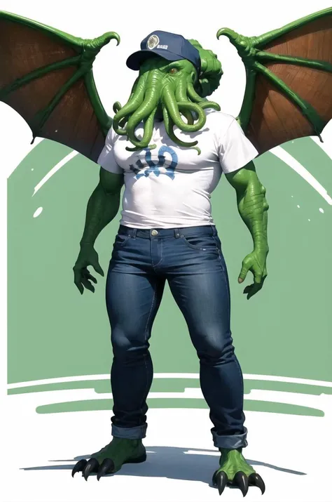 masterpiece, best quality, cthulhu, solo, wearing a t-shirt and blue jeans and a hat, green skin, outstreched wings, full body, white background <lora:cthulhu-beta4-clipskip2-000009:1.0>