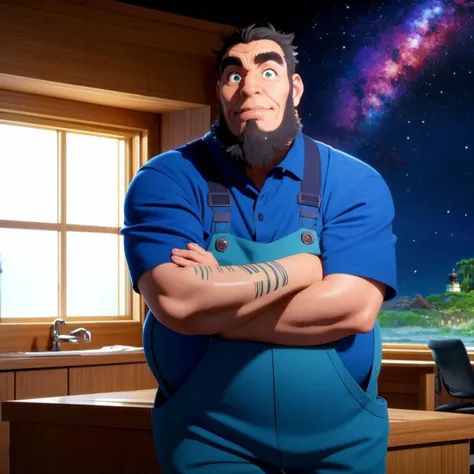 <lora:umiyan_lora4:0.8> best quality, 1man, (multiple marine iguana:1.1), galaxy, milkyway, wariza, sitting (expressionless, sleepy:1), BREAK, aquarium, indoors, bara, (wide shot, panorama, perspective:1.1), masterpiece, (old man:0.8), (aqua overalls, blue shirt:1.1), (brown hair:0.7), fat man, (night, dark sky, light house:1.3), (arm hair:1.2), green eyes, beard, thick eyebrows