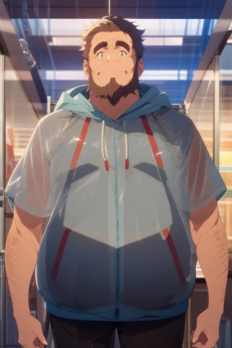 <lora:umiyan_lora4:0.8> 1man, turning head, scientific innovation, futuristic lab, boundary-pushing research, technological advancement, microscopic vision, mnemonic environmental simulator, alternate reality world, (transparent, fiberglass, translucent jacket, hoodie:1.3), glitch, cd, BREAK best quality, (light smile:1), fat, muscular, old man, masterpiece, (middle aged man:1), gloves, brown hair, (arm hair:1), green eyes, beard, (sideburns:1), thick eyebrows <lora:see-through_control_v2.0:4> <lora:detail_slider_v4:1>