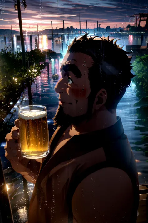 <lora:umiyan_lora4:0.8> best quality, 1boy, smile, (drunk, full-face blush:1.1), beer glass, cooling tower, rain, dusk, muscular, harbor of ine-cho kyoto, looking at viewer, BREAK mature male, bara, (perspective:1.2), masterpiece, (old man:1), (white tanktop, nude:1), (brown hair:0.7), fat man, (arm hair:1), green eyes, beard, (sideburns:1.3), thick eyebrows <lora:ref-ban:1.4> <lora:rain_v6:1> <lora:hadanuri2:1>