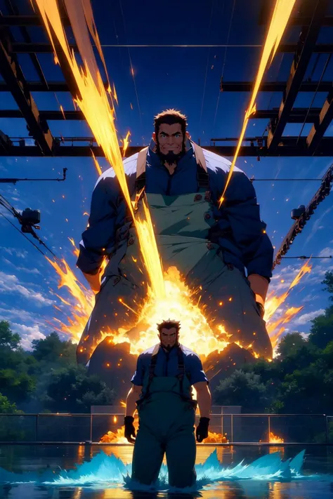 <lora:umiyan_lora4:te=1:unet=0.8> best quality, smile, (fat man:1.1), (perspective, heavy object, chiba futtsu observatory, cape, viewing platform, specular, huge floodlights:1.3), BREAK glowing, flying debris, magic, aura, masterpiece, (old man:1.1), (aqua overalls, blue shirt, dirty clothes, black gloves:1.2), (brown hair:1), (arm hair:1), green eyes, beard, (sideburns:1), thick eyebrows <lora:r1ge - AnimeRage:0.7>