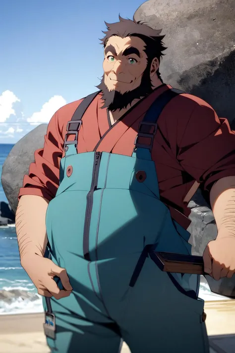 <lora:umiyan_lora4:0.8> best quality, smile, (fat man:1.1), rain, outdoors, beer mug, (okinawa, shisa:1.4), (vanadinite, rock, mineral:1.3) BREAK masterpiece, (old man:1.2), (red overalls, black underwear:1.3), (brown hair:0.7), (arm hair:1), green eyes, beard, (sideburns:1), thick eyebrows