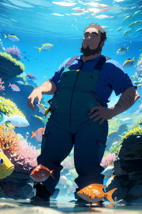 <lyco:umiyan_lora4:0.8> best quality, solo, old man, detailed hands, (light frown:1), frogfish anglerfish, coral reef, masterpiece, hand on belly, BREAK (aqua overalls, blue shirt:1.2), (hands down:1), (brown hair:0.8), fat man, water drops, bayside with many ripples, (partially submerged:1), puddle reflection, (arm hair, body hair:1.1), green eyes, beard, thick eyebrows <lyco:Shoal Concept:0.7> <lyco:flat2:1.0>