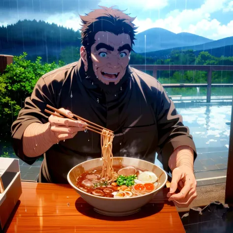 <lora:umiyan_lora4:0.8> best quality, smile, ramen, holding chopsticks, (eating:1.2), sitting, table, cloud, rain, open mouth, BREAK mature male, (wide shot, panorama, fisheye:1), masterpiece, (old man:1), (tantop, wet:1.2), (brown hair:0.7), (fat man:1), (arm hair:1), green eyes, beard, (sideburns:1), thick eyebrows, <lora:rain_v6:1.2> <lora:ramen_v1.4:1>