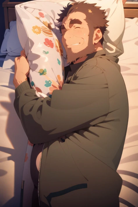 <lora:umiyan_lora4:0.8> 1man, male focus, (lying, on bed, on side:1.1), pillow_hug, dakimakura \(object\), sleeping, fetal_position, eyes closed, looking at viewer, fiberglass wiring, alternate reality world, (transparent, translucent jacket, open clothes:1.1), BREAK best quality, (blush, sweat, frown, heavy breathing, smile:1.1), (one eye closed:0.5), (hairy), shiny skin, (muscular, fat, old man:1.2), bara, masterpiece, middle aged man, brown hair, arm hair, green eyes, beard, sideburns, thick eyebrows <lora:pillow_hug:1> <lora:hadanuri2:1.2>