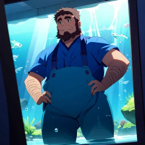 <lora:umiyan_lora4:0.8> best quality, (fat man:1), (sad, worry:1.1), pov, outdoors, BREAK masterpiece, aquarium, (old man:1), blue polo shirt, (brown hair:0.7), (arm hair:1), green eyes, beard, (sideburns:1), thick eyebrows