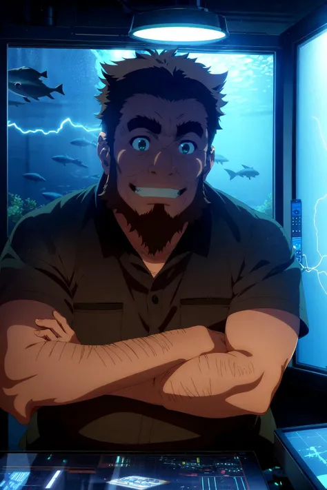 <lora:umiyan_lora4:0.8> best quality, 1man, miniature aquarium on own hand, animal patterned clothing, bare shoulders, head rest, grin, smile, (blush:1.3), frown, outdoors, lined lamppost, (at the anechoic chamber, battery indicator, failure of electricity, power outage:1.2), audio jack, optics equipment, translucent material, biological research, microscope, mnemonic environmental simulator, analog speaker, BREAK fat, middle-aged man, green eyes, brown hair, thick eyebrows, muscular male, bara, beard, arm hair, sideburns, highly detailed, masterpiece <lora:hadanuri2:1>