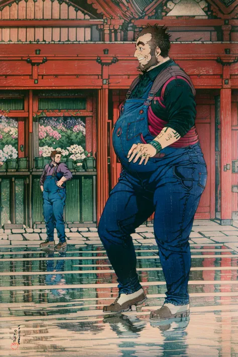 <lora:umiyan_lora4:0.8> best quality, bara, blush, naughty smile, thick legs, collared, open clothes, overalls, old man, fat man, masterpiece, (copier, reflection, droste effect:1.2), ukiyo-e, (brown hair:0.9), arm hair, green eyes, beard, (sideburns:1), thick eyebrows <lora:detail_slider_v4:3> <lora:Ukiyo-e:1>