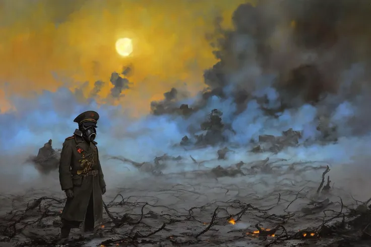 closeup of a commissar with a gas mask standing in a ravaged no man's land engulfed by thick (mustard gas smoke),
First World War, Verdun, Ypres, dead trees, barbed wire, craters, mud, dust, smoke, fog, corpses,
in the style of (Beksinski:1.2), (Yerka:1.1), (Escher), (orange), yellow, surrealism, dry brush, oil on canvas, nightmarish, vibrant colors,
<hypernet:LuisapOilPainting_v1:0.2>, <hypernet:commissar_v10:1>