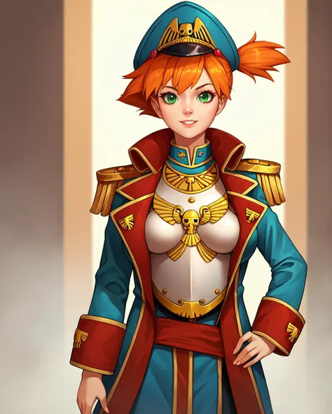 score_9, score_8_up, score_7_up, source_anime BREAK 1girl, solo, misty (Pokémon), orange hair, short hair, green eyes, side ponytail, cowboy shot, smile, medium breasts, perky breasts, looking at viewer, standing, <lora:Warhammer_40000_Commissar:1> warhammer40kcommissar, breastplate,  hat, epaulettes, greatcoat, rating_questionable