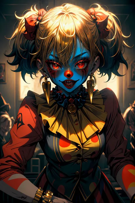 (ultra-detailed), (masterpiece), (best quality), (depth of field), (sharp focus), (cinematic lighting), (vibrant colors),
<lora:more_details:1>, clown, red pigtails, crazy make-up, tattoos <lora:BlingBling:0.8> BlingBling, Golden jewelry, suit