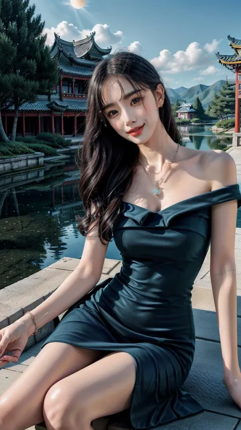(best quality),[masterpiece],((beautiful:0.75) cute girl:0.75),[clear and clean] pixiv (illustration),long hair,knees up,necklace,jewelry,sitting,looking at viewer,front lens,ancient Chinese town,ancient Chinese building,dusk,sunshine,chinese garden,flowers, close-up, night sky, 
<lora:add_detail:0.8>,
<lora:Elegant mature clothing3:0.75> dress