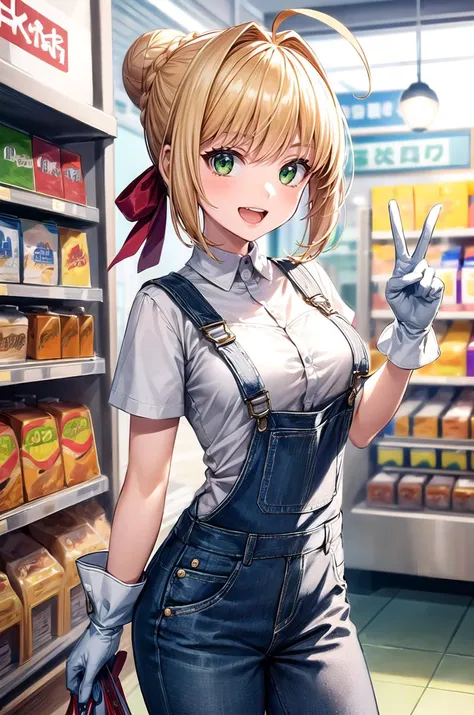(masterpiece, best quality, detailed), 1girl, solo, looking at viewer, aanero, ahoge, braid, single hair bun, hair ribbon, green eyes, medium breasts,
overalls, short sleeves, white gloves, striped shirt, indoors, convenience store, shop, peace sign, smile, open mouth, happy