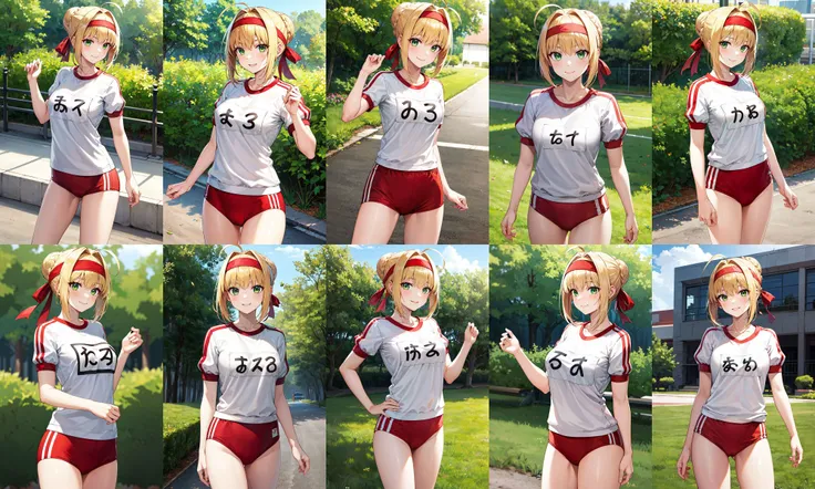 masterpiece, best quality, highres, aanero, ahoge, braid, single hair bun, red headband, green eyes, medium breasts, collarbone, gym uniform, white shirt, short sleeves, name tag, (red buruma:1.2), bare legs, <lora:nero_claudius_(fate)_v1:0.7>, standing, cowboy shot, outdoors, smile