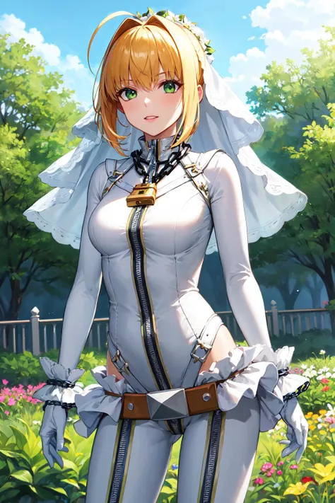 Masterpiece ,best quality , high resolution , (1 girl solo:1.38) , (camie, long hair, brown hair, brown eyes , lipstick , eyeliner) , (cleavage:1.2) , (medium breast:1.28) , ((shiny white bodysuit:1.5), (heart-shaped chest cutout:1.4), (long sleeves:1.3), (white gloves:1.2), (white knee-high boots:1.4), (belt:1.2), (heart accessories:1.3), (dramatic makeup:1.3), (very tight-fitting bodysuit:1.5), (glossy stretchy fabric:1.3), ) , (cleavage:1.15) , (big breast:1.1) , (face view , cowboy_shot) , (hands behind back , arms behind back( , (tilted head , smiling , open mouth) , (outdoor , church , tree , flower , sky)