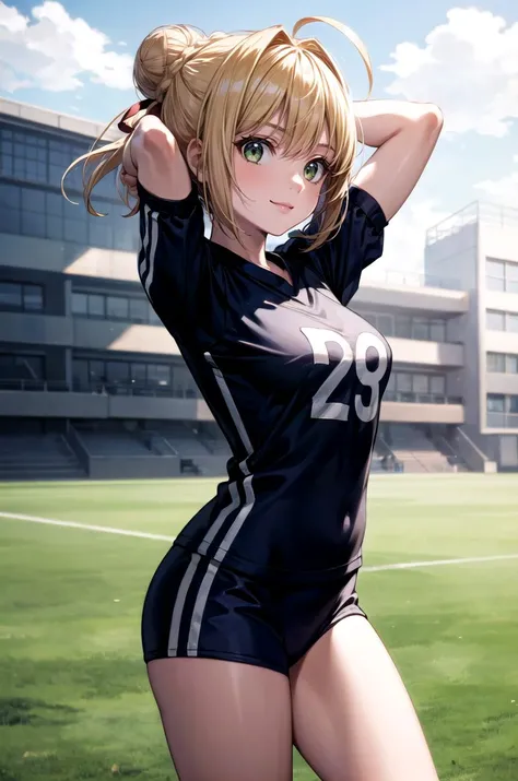 (masterpiece, best quality, detailed), 1girl, solo, looking at viewer, aanero, ahoge, braid, single hair bun, hair ribbon, green eyes, medium breasts,
<lora:Soccer Uniform By Stable Yogi:0.5>, soccer uniform, <lora:school_yard_v0.1:1>, school yard, field, arms behind head, smile, closed mouth
