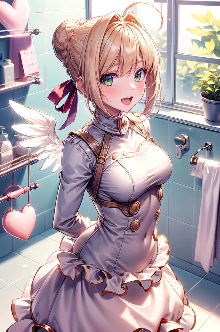 (masterpiece, best quality, detailed), 1girl, solo, looking at viewer, aanero, ahoge, braid, single hair bun, hair ribbon, green eyes, medium breasts,
<lora:CupidTech:1>, cupidtech, indoors, bathroom, tile wall, sink, fisheye, arms behind back, smile, open mouth, blush