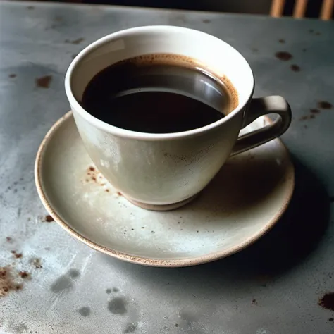 analog film photo 1 coffee cup, stains <lora:Grit-SDXL:1.3> on metal tabletop. scifi . faded film, desaturated, 35mm photo, grainy, vignette, vintage, Kodachrome, Lomography, stained, highly detailed, found footage