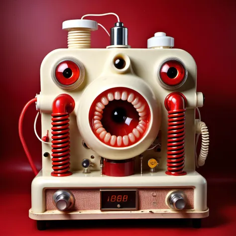 8k photography, A massive industrial factory full of medical machines, plastic retro toy machines, medical devices with large eyeball on top and drink dispenser on (bottom leaking multicolored foamy slime:1.1) inside giant isometric mouth with dentures, retro electronic toys, vintage hospital equipment machine, off-white cream discolored plastic, worn scratched surfaces, translucent plastic component with button keypad and microphone, red curly telephone cable, masterpiece, photographic surrealism, real aged plastic, <lora:Grit-SDXL:0.5> grit, <lora:Isometric Cutaway:0.5> , <lora:Echoes_sdxl:0.6> Echoes <lora:LeParc_AI_LoRA_XL_v2.1-000020:0.5> stripes, alchemy, medical machinery,