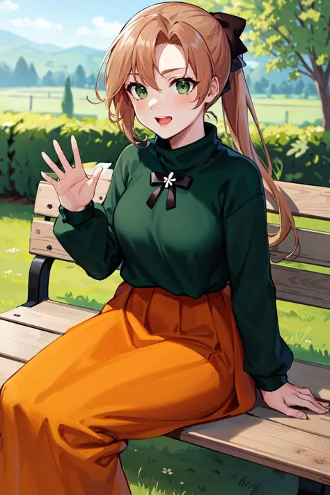 masterpiece,best quality,highres,ultra-detailed,ccakigumo,brown hair,long hair,ponytail,hair ribbon,green eyes,(mole under eye:0.7),(green sweater:1.4),black ribbon,long sleeves,(long skirt:1.2),(orange skirt:1.2),white socks,high heels,<lora:akigumo:0.8>,outdoors,bench,sitting,waving,