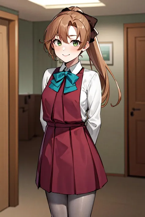 masterpiece,best quality,highres,ultra-detailed,aaakigumo,green eyes,brown hair,long hair,ponytail,hair ribbon,(mole under eye:0.7),(pleated dress:1.4),(red dress:1.2),aqua bowtie,white shirt,long sleeves,skirt,grey pantyhose,boots,<lora:akigumo:0.8>,indoors,standing,smile,arms_behind_back,