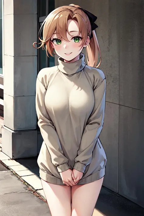 masterpiece,best quality,highres,ultra-detailed,aaakigumo,green eyes,brown hair,long hair,ponytail,hair ribbon,(mole under eye:0.7),<lora:akigumo:0.8>,sweater dress,turtleneck,street,smile,standing,hands_on_lap,