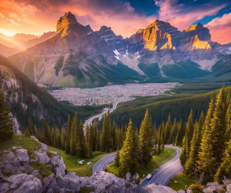 epic painting of Banff, Alberta at sunrise,  <hypernet:longexposure:1>, hd, high octane render, smooth