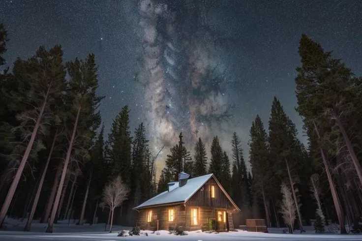 a safe cabin in the woods in the evening with warm light coming from the windows and stars in the sky  , <hypernet:longexposure:1>, long exposure time, dramatic lighting