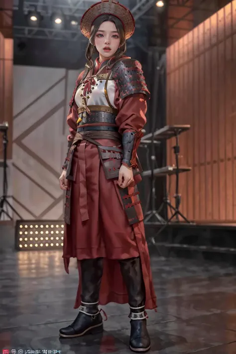 highres,absurdres,masterpiece,best quality,original,extremely detailed CG,extremely detailed wallpaper,perfect lighting,jitome,lips,makeup,standing on the stage,blurry background,
<lora:chinese_armor_han:0.7>,han_armor,