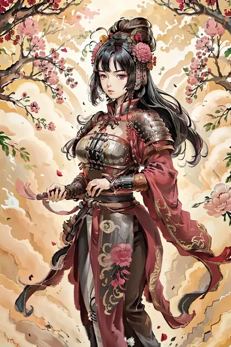 ((best quality)), ((masterpiece)), (detailed), (realistic), 8k resolution,
splash art, (hyperrealistic:1.2), oil painting, (portrait:1.2),
light and shadow, dappled sunlight,
(intense expression:1.2), dynamic action pose,
very detailed skin, very detailed eyes,
female warrior, solo, beautiful, cute,
long black hair, ancient chinese hair, asian, chinese, ancient china,
battleground, volume fog, peony, flowers,
<lora:chinese_armor_han:0.7>, han_armor, chinese_armor, zhajia, tongxiukai, xuanjia, helmet, <lora:Moxin_10:0.5>