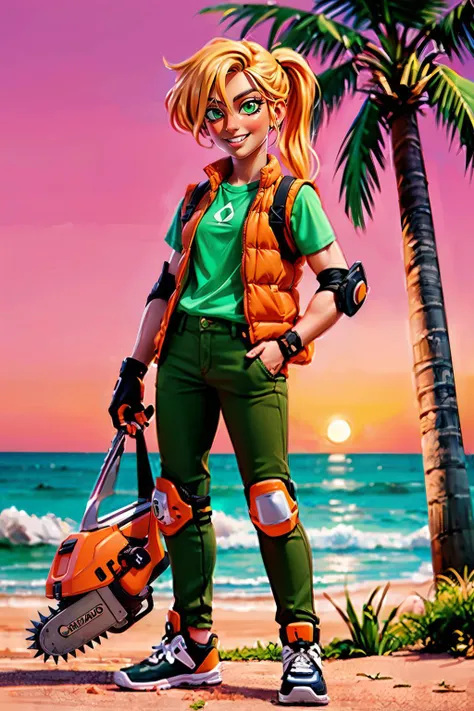 HLMAlex, blonde hair, hair over eye, ponytail, green eyes, orange vest, green shirt,green pants,elbow pads,knee pads,fingerless gloves,looking at viewer, smiling, full body shot, standing, outside, holding a chainsaw, beach, vaporwave, palm trees, ocean, pink sky, high quality, masterpiece, <lora:AlexHLM:.7>