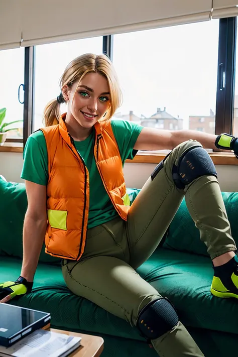 HLMAlex, blonde hair, hair over eye, ponytail, green eyes, orange vest, green shirt,green pants,elbow pads,knee pads,fingerless gloves,looking at viewer,serious, smiling, sitting, on sofa, inside a messy living room, window, blinds, dim lighting, high quality, masterpiece, <lora:AlexHLM:.7>