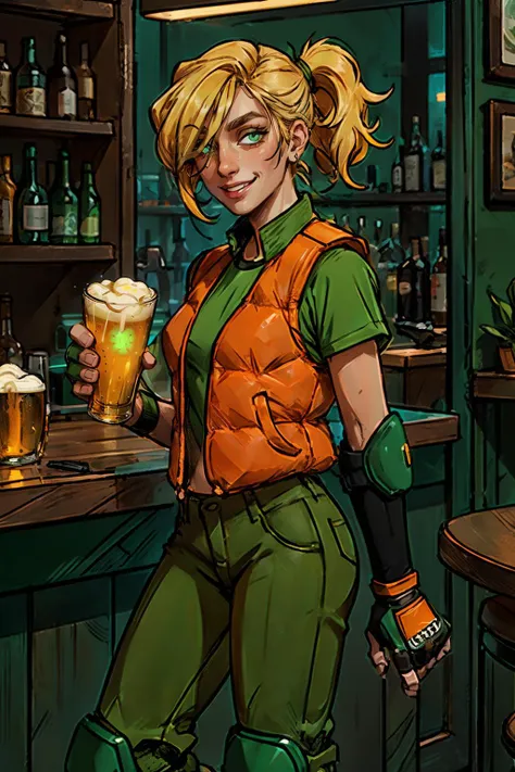 OtherMSamus, blue eyes, short blonde hair, collared green shirt, orange undershirt, brown pants, fingerless gloves, looking at viewer, smiling, teeth, standing, inside bar,  holding mug of beer, counter, neon lighting, high quality, masterpiece,  <lora:OtherMSamus:.8>