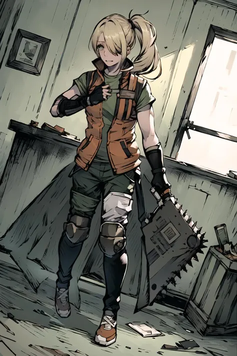 (masterpiece,best quality),1girl,hlmalex,((solo)),t-shirt.blonde hair,green shirt,green pants,(,elbow pads:1.2),knee pads,vest,orange jacket,ponytail,hair over one eye,full body,(holding chainsaw),fingerless gloves,indoors,in skyscraper office,<lora:AlexHLM:0.7>, <lora:LORA-XenoDetailer-v2:0.1>