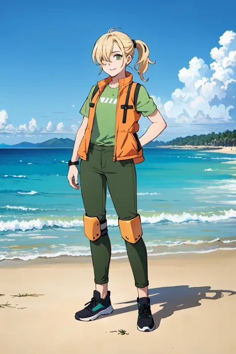 (masterpiece,best quality),1girl,hlmalex,soft, super clear, high-definition picture,t-shirt,green shirt,green pants,elbow pads,knee pads,vest,orange jacket,ponytail,hair over one eye,full body,facing viewer,happy,standing stiffly,at tropical beach,<lora:AlexHLM:0.75>